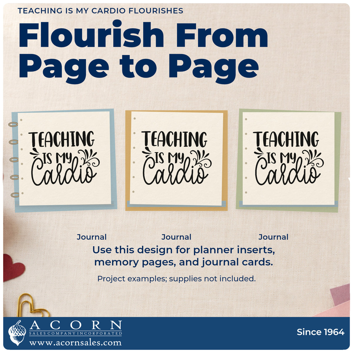Three project examples made with the Teaching Is My Cardio Script Lettering PSI Pre-Inked Stamp, including medal box labels.
