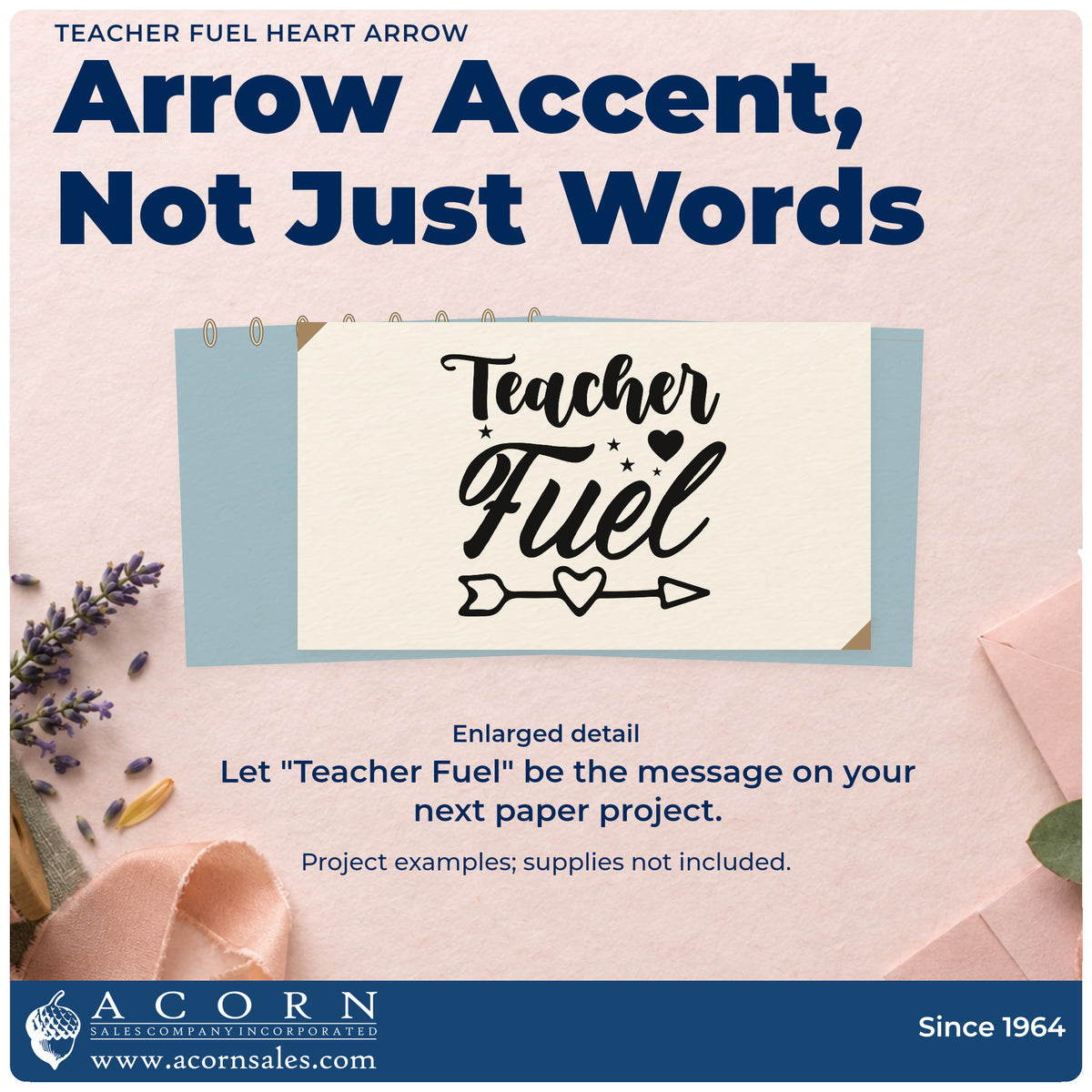Enlarged detail of the Teacher Fuel Heart Arrow Premium Wood-Mounted Stamp – Vintage Pro imprint. “Teacher Fuel” appears above a heart-centered arrow with stars and a heart nearby.