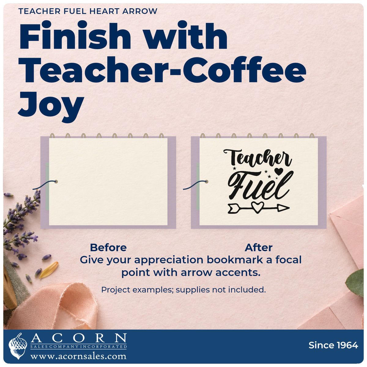 Before and after of a plain item finished with the Teacher Fuel Heart Arrow Premium Wood-Mounted Stamp – Vintage Pro, a quick upgrade for treat box seals.