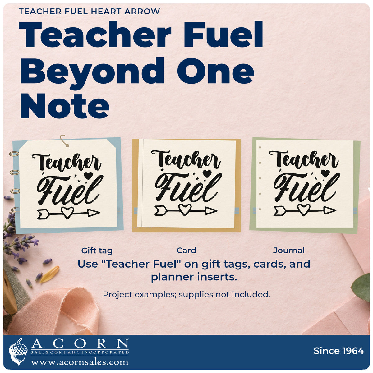 Three project examples made with the Self-Inking Teacher Fuel Heart Arrow Stamp, including kettle caddy labels.