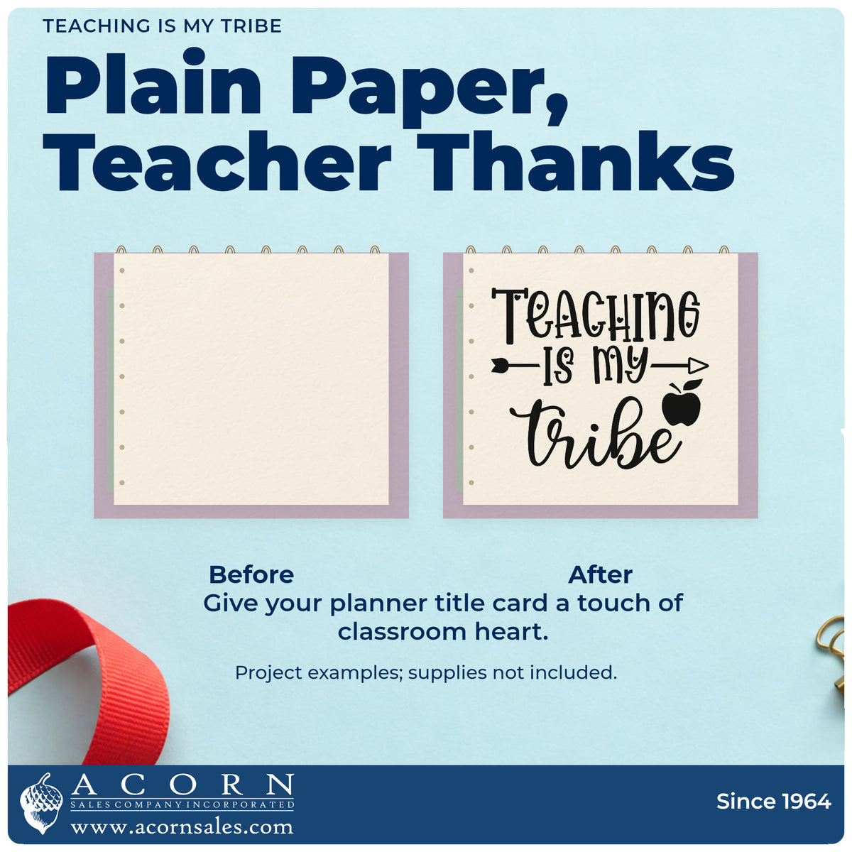 Before and after of a plain item finished with the Teaching Is My Tribe Apple Rubber Stamp – Duo Hand, a quick upgrade for moderation seals.