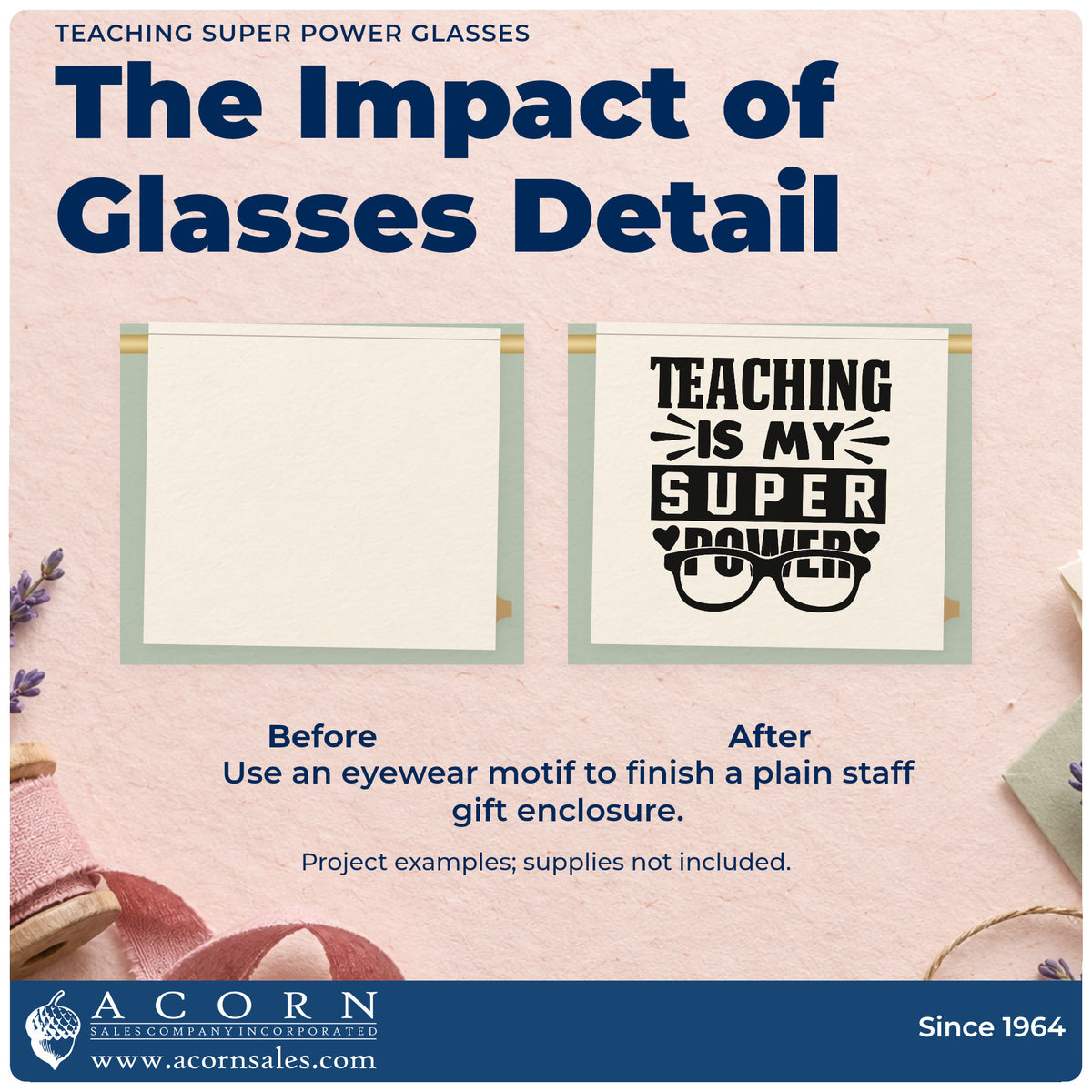 Before and after of a plain item finished with the Teaching Super Power Glasses With Hearts Stamp – Slim Pre-Inked, a quick upgrade for health pack seals.