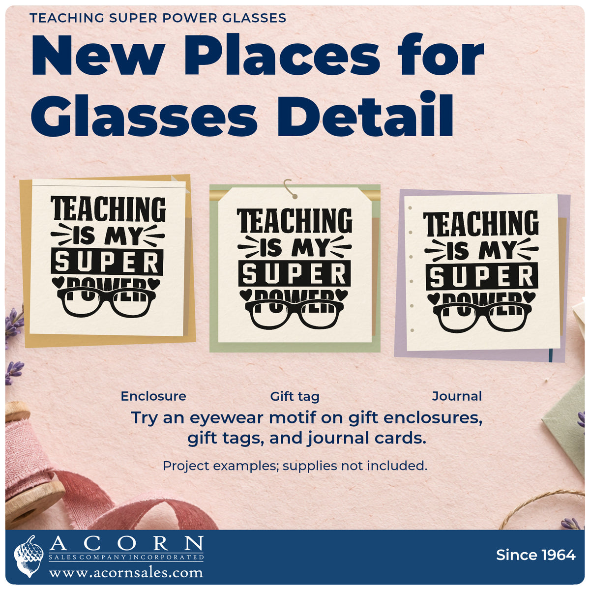 Three project examples made with the Teaching Super Power Glasses With Hearts Stamp – Slim Pre-Inked, including lens wipe labels.