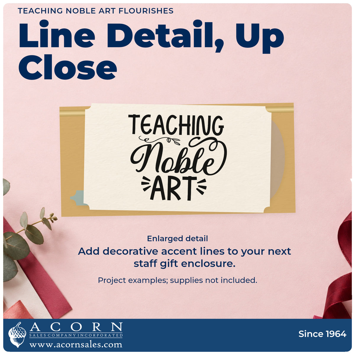 Enlarged detail of the Teaching Noble Art Flourishes Pre-Inked Stamp – PSI imprint. “Teaching Noble Art” mixes capitals and ornate script with decorative strokes.