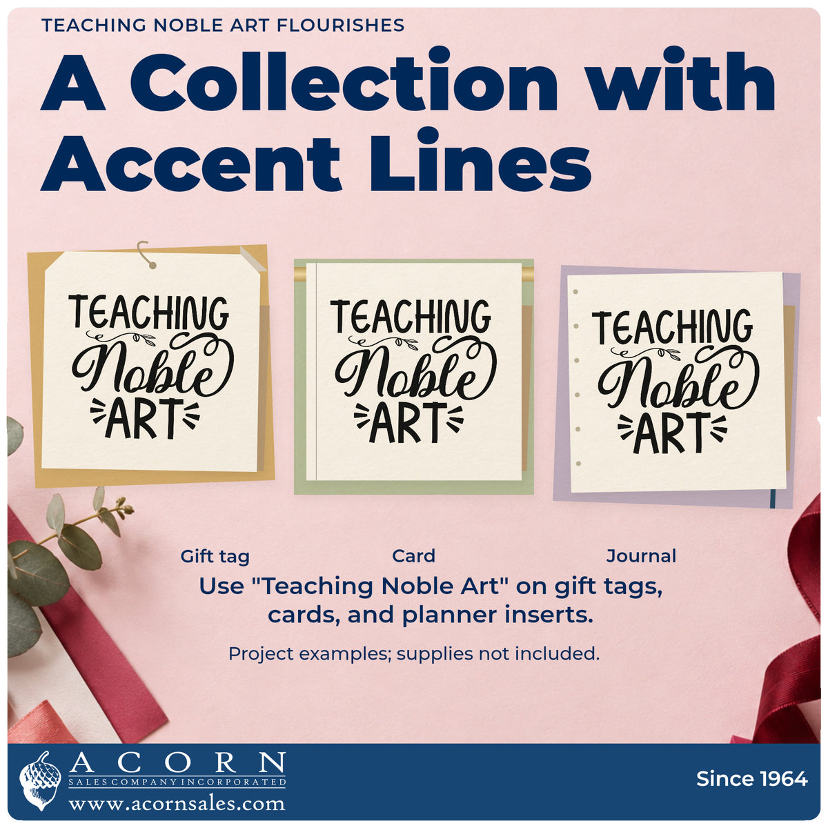 Three project examples made with the Teaching Noble Art Flourishes Pre-Inked Stamp – PSI, including plinth base labels.