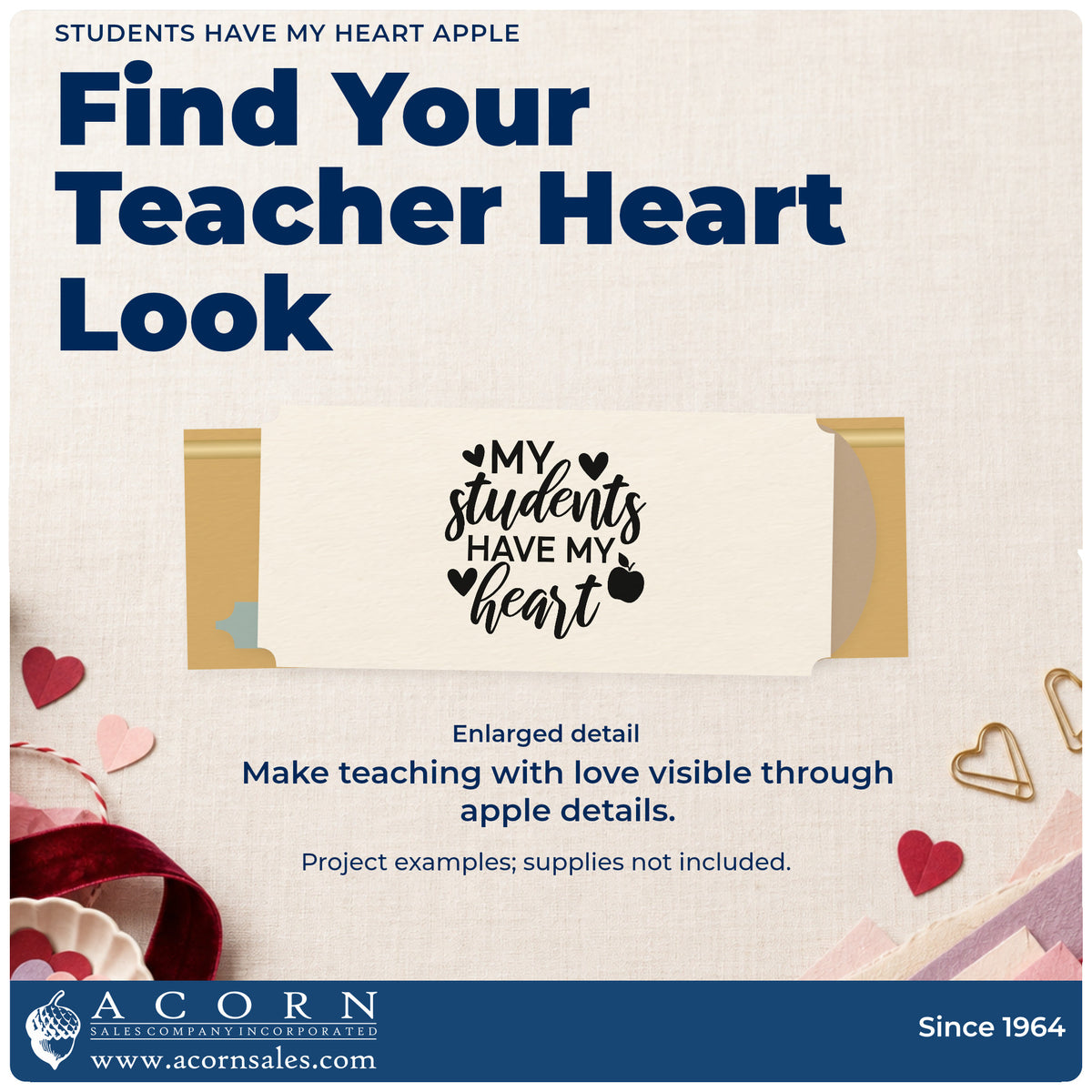 Enlarged detail of the Students Have My Heart Apple Rubber Stamp – Wood Handle imprint. “My Students Have My Heart” is surrounded by hearts and an apple.