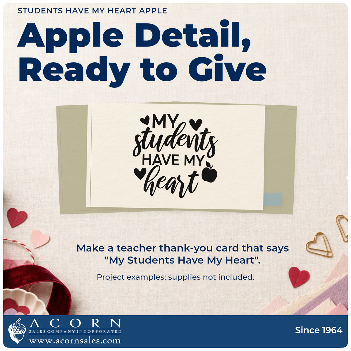 A finished handmade project stamped with the Students Have My Heart Apple Rubber Stamp – Wood Handle, ideal for memory book tags.