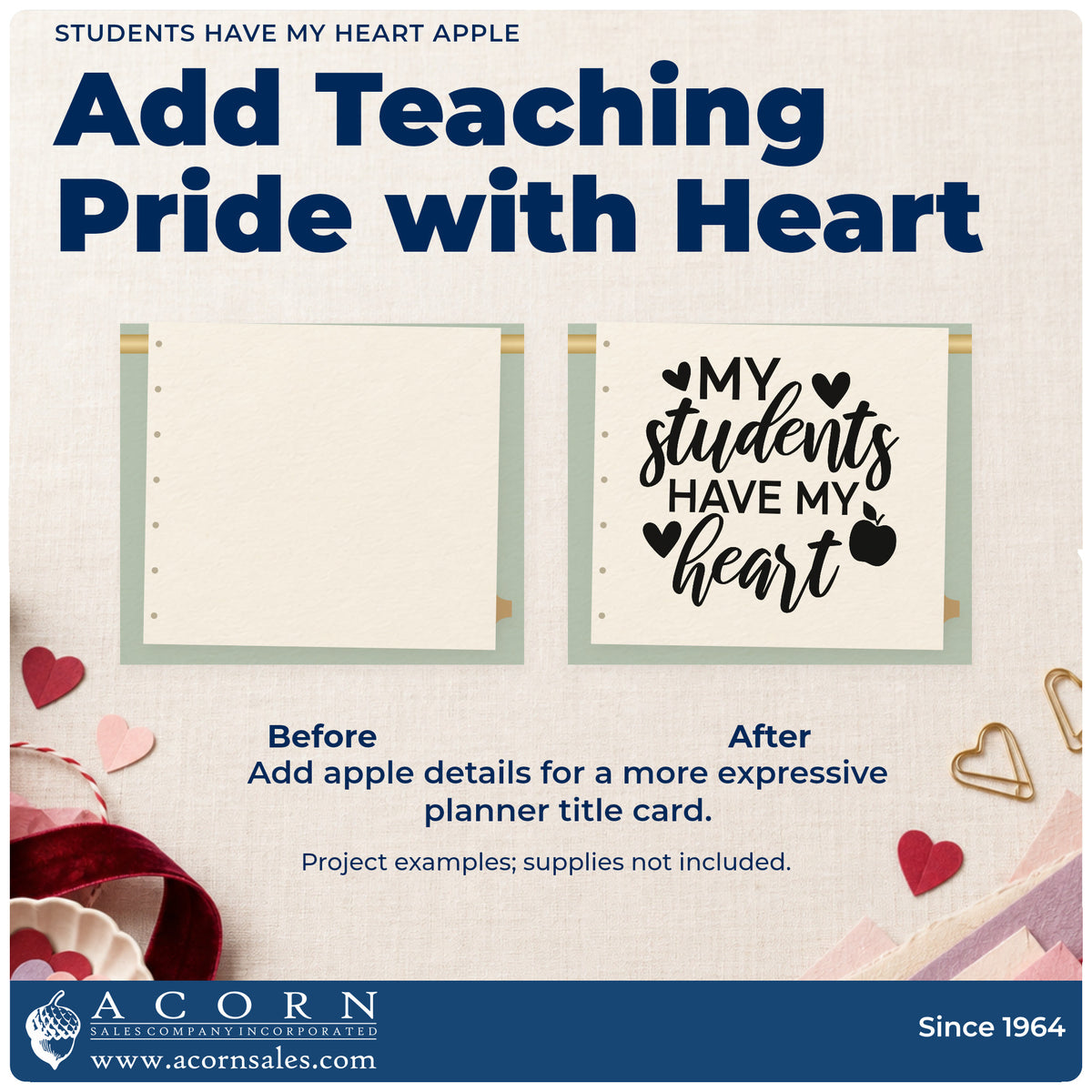 Before and after of a plain item finished with the Students Have My Heart Apple Premium Wooden Stamp – Vintage Pro, a quick upgrade for letter fold seals.