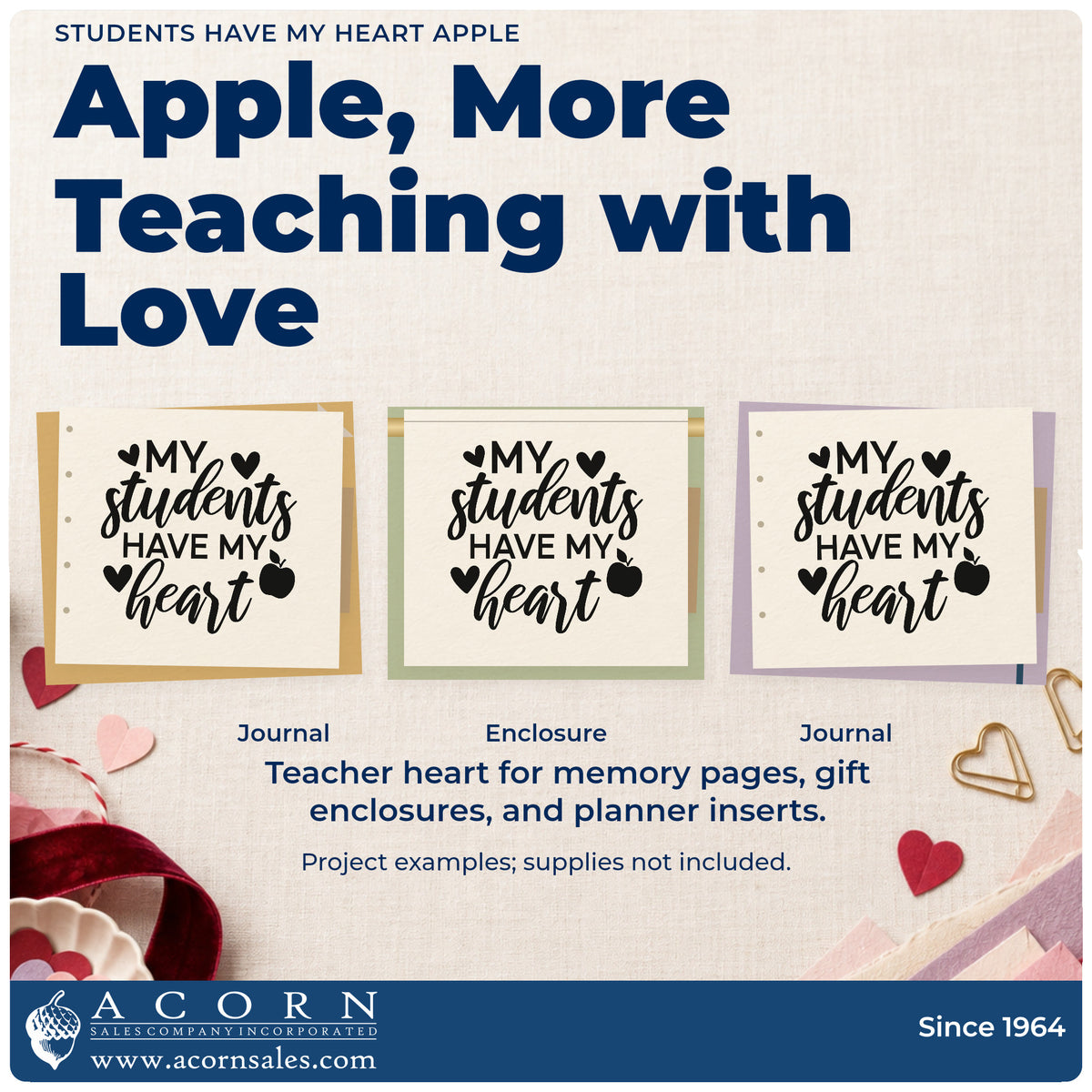Three project examples made with the Pre-Inked Students Have My Heart Apple Stamp – PSI, including keepsake box labels.