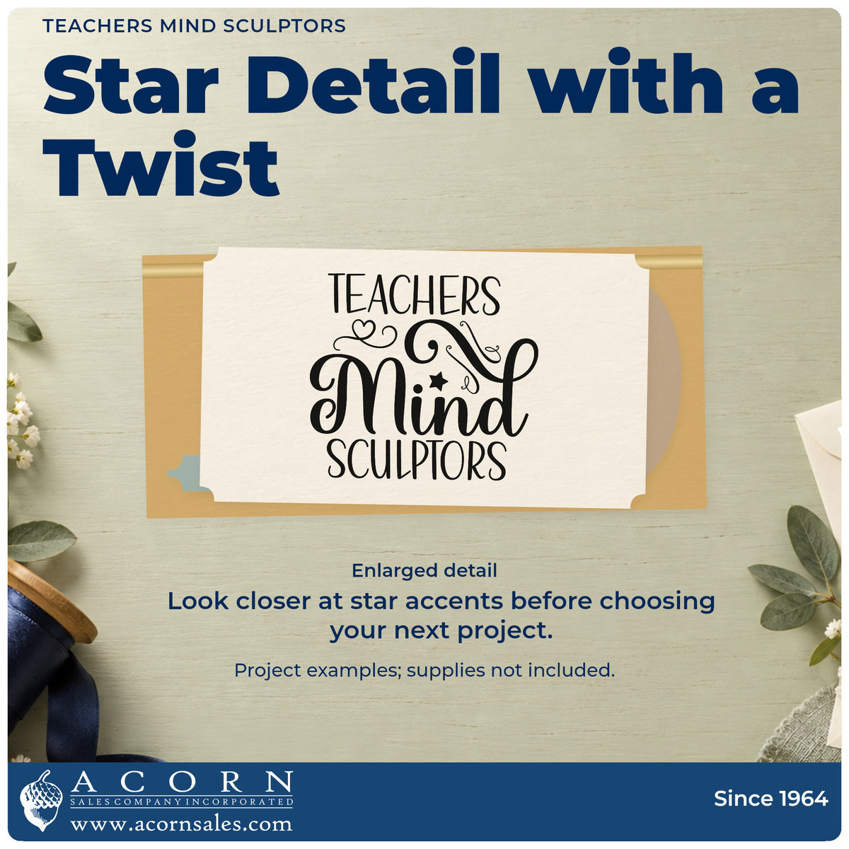 Enlarged detail of the Teachers Mind Sculptors PSI Pre-Inked Stamp imprint. “Teachers Mind Sculptors” appears with ornate curls, a heart, and a star.