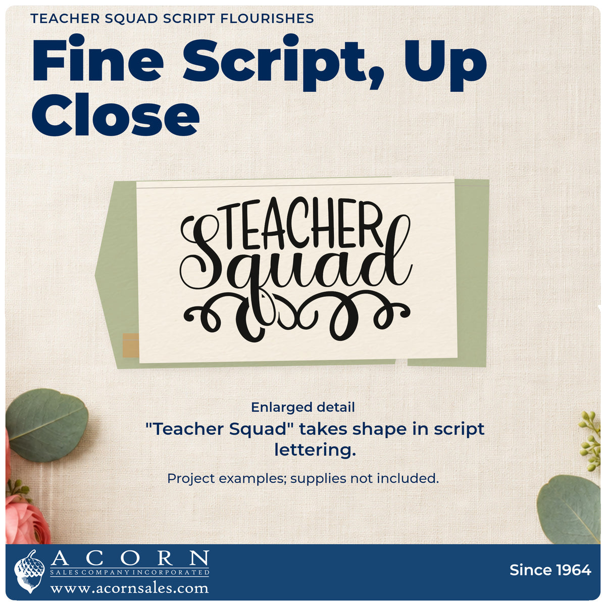 Enlarged detail of the Teacher Squad Duo Hand Stamp imprint. “Teacher Squad” combines thin capitals and large ornate script.