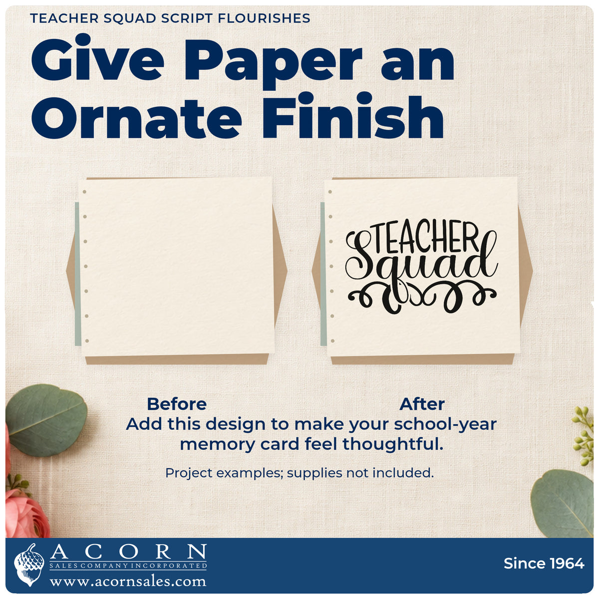 Before and after of a plain item finished with the Teacher Squad Rubber Stamp – Wood Handle, a quick upgrade for invite card seals.