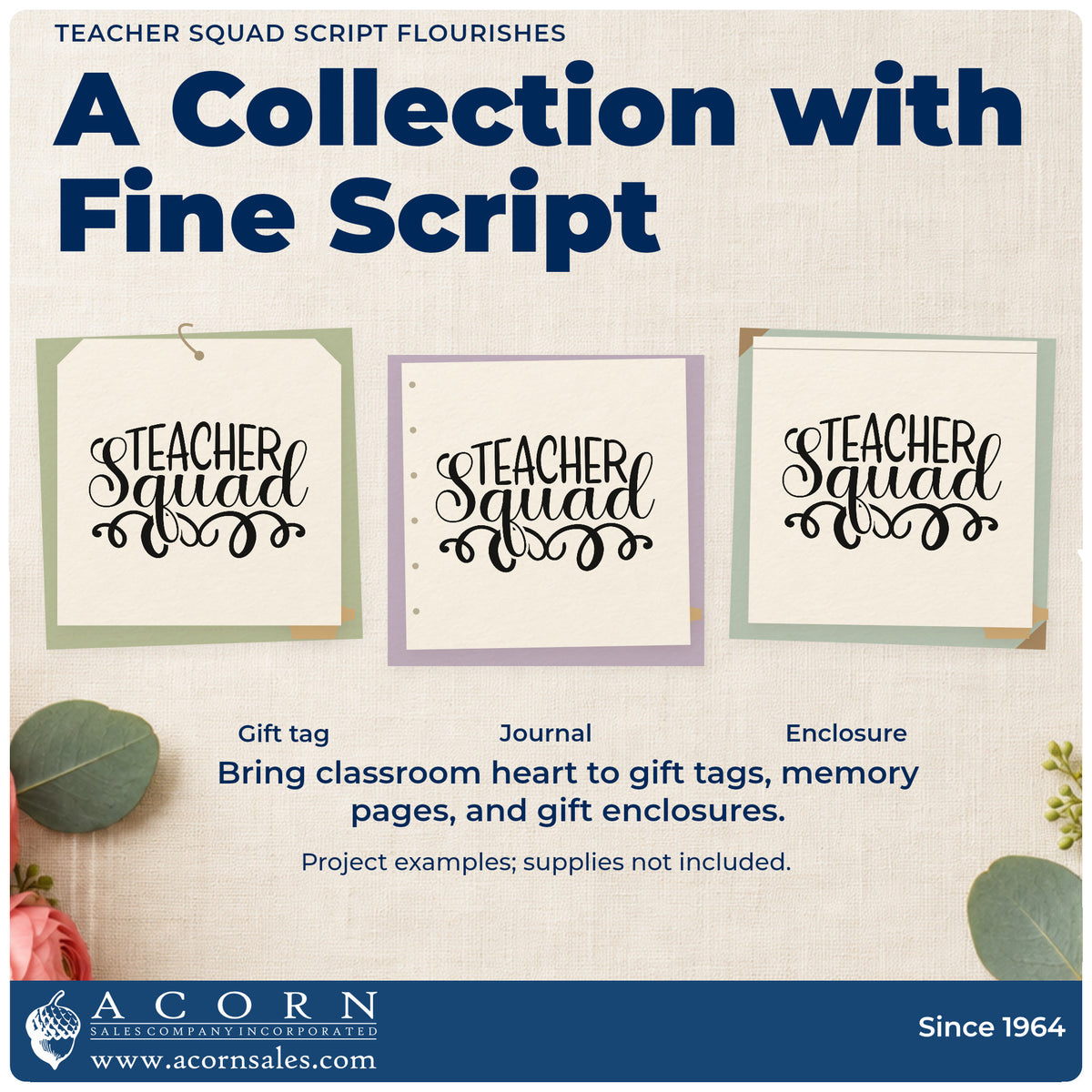 Three project examples made with the Teacher Squad Rubber Stamp – Wood Handle, including wine bottle labels.