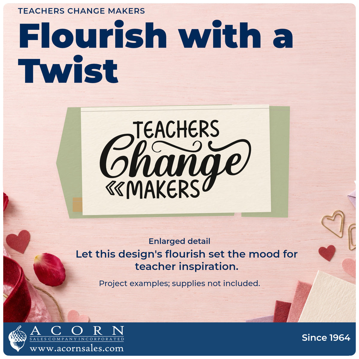 Enlarged detail of the Teachers Change Makers Rubber Stamp – Duo Hand imprint. “Teachers Change Makers” features flowing script, curls, and double chevrons.