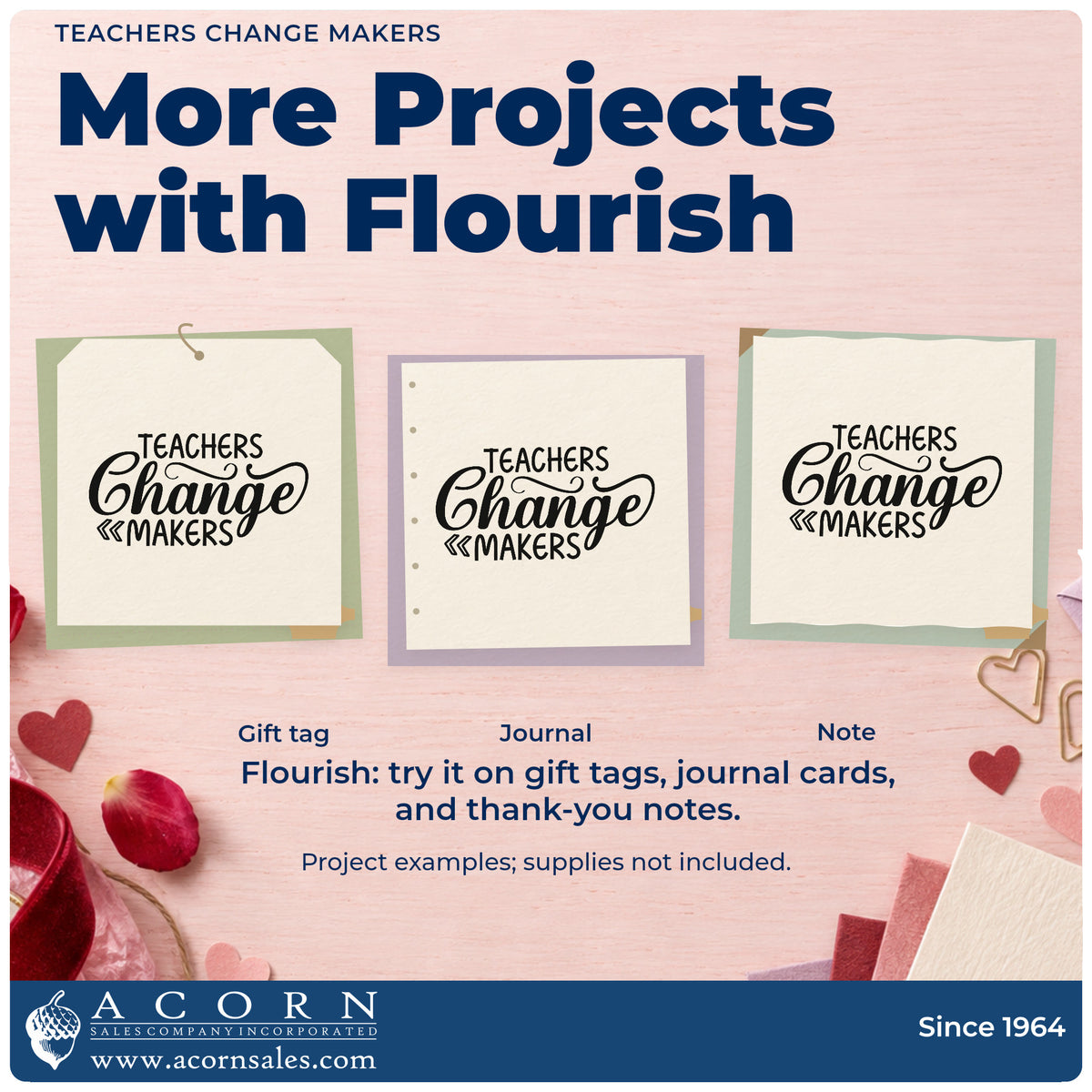 Three project examples made with the Teachers Change Makers Pre-Inked Stamp – PSI, including prototype bin labels.