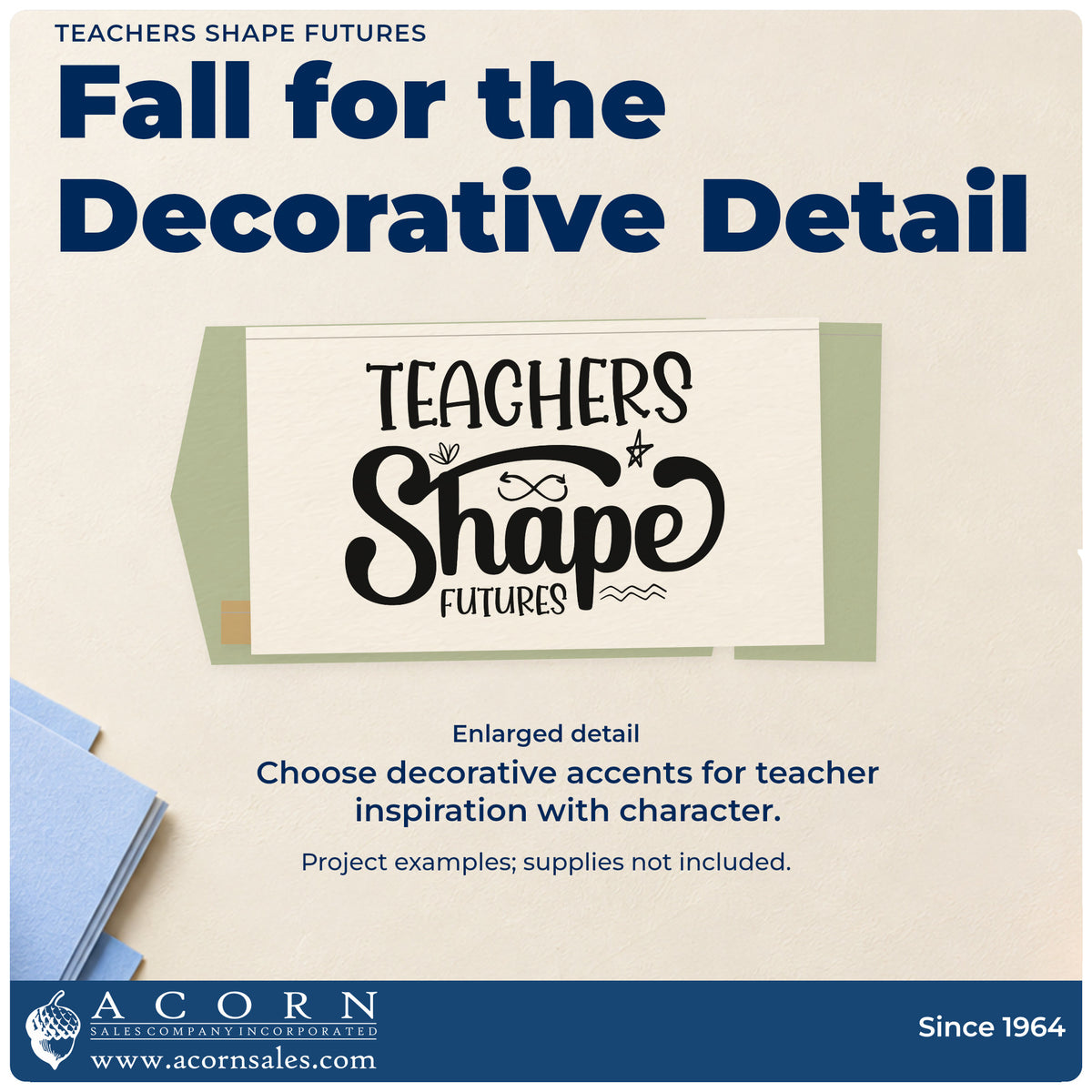 Enlarged detail of the Premium Wooden Teachers Shape Futures Arrow Loop Stamp – Vintage Pro imprint. "Teachers Shape Futures" appears with a small figure-eight arrow loop, a leaf-like accent, a star, and wavy decorative lines.