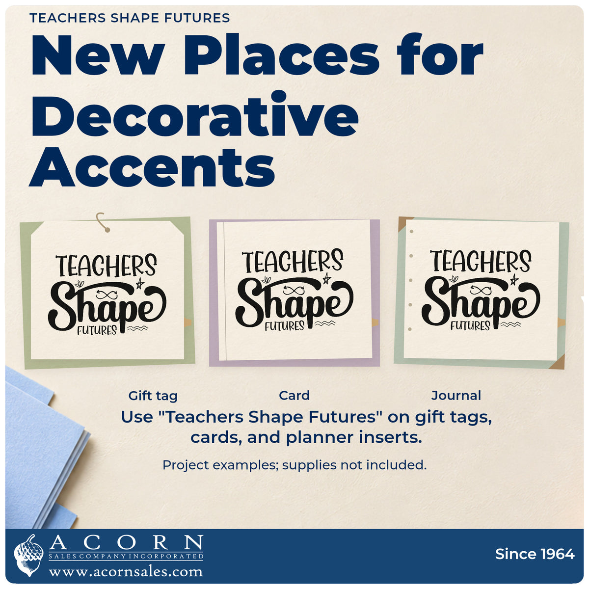 Three project examples made with the Premium Wooden Teachers Shape Futures Arrow Loop Stamp – Vintage Pro, including archive tray labels.