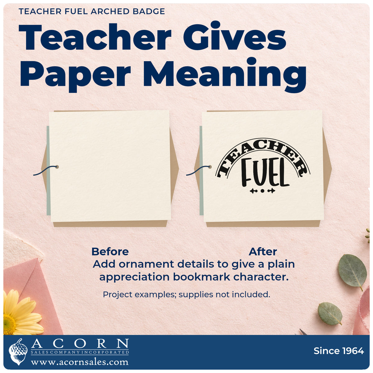 Before and after of a plain item finished with the Teacher Fuel Arched Lettering Stamp – Self-Inking, a quick upgrade for basket handle seals.