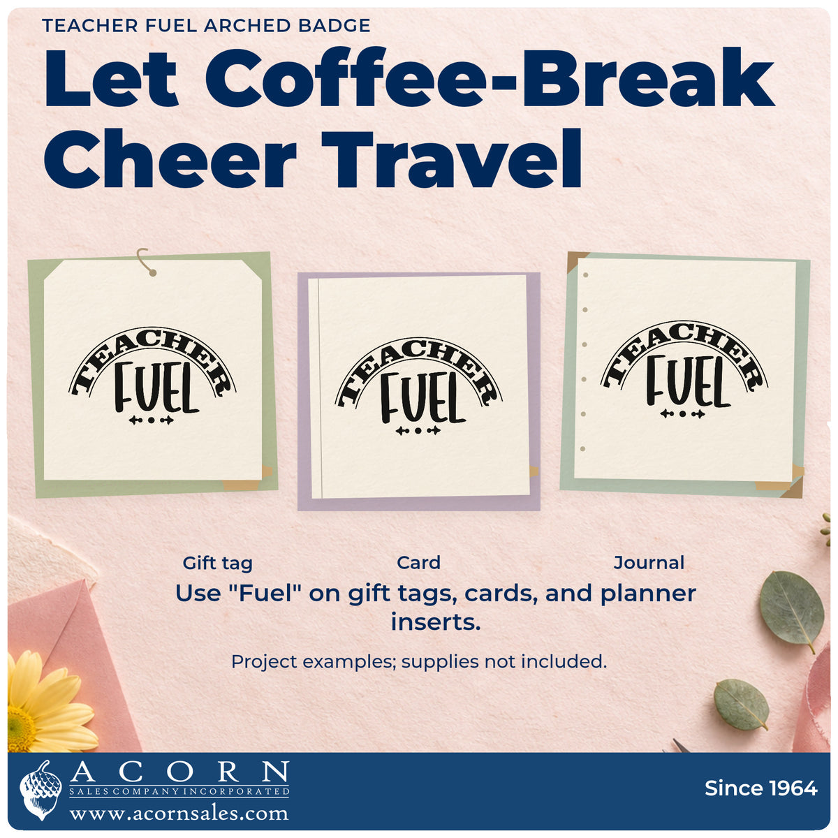 Three project examples made with the Teacher Fuel Arched Lettering Stamp – Self-Inking, including jar lid labels.