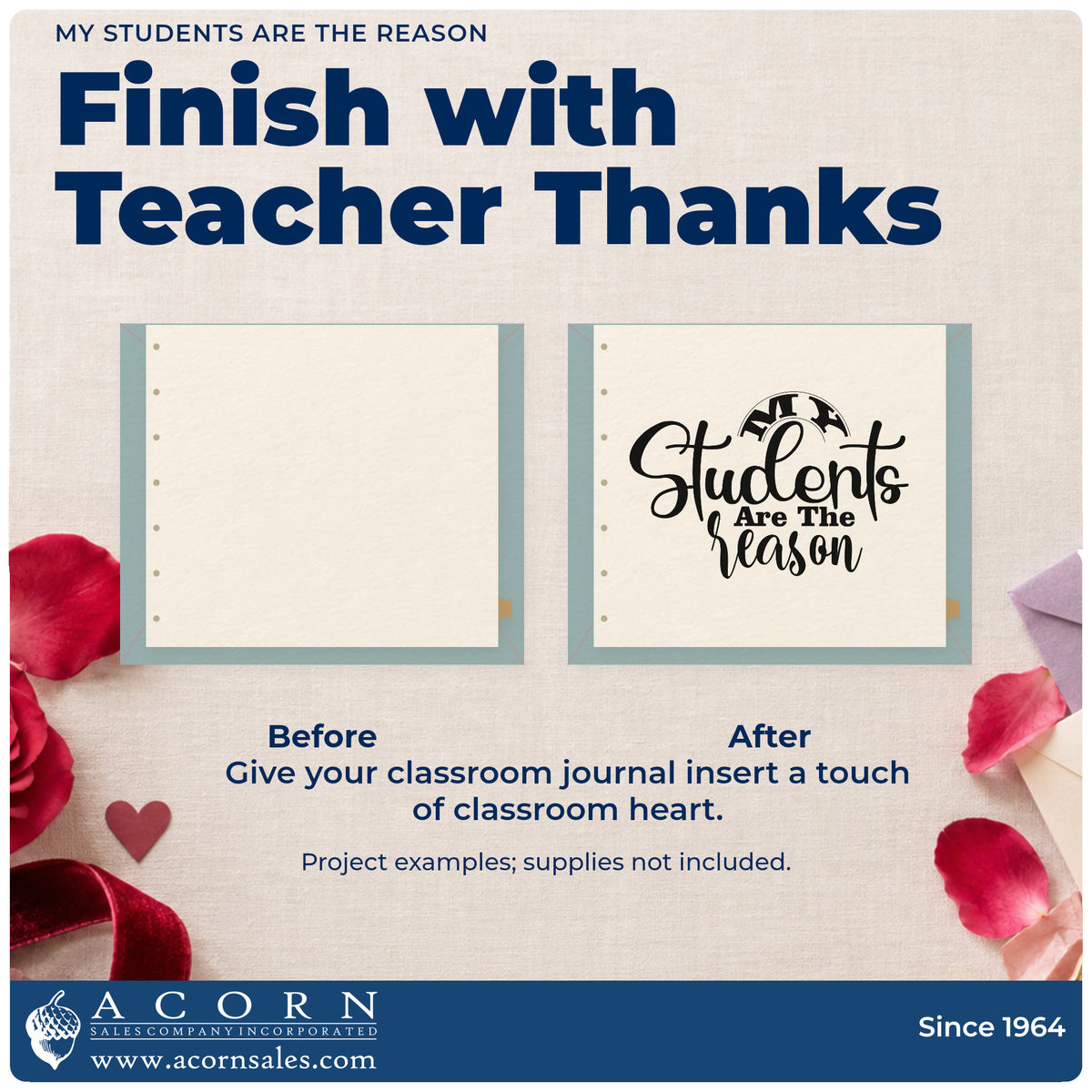 Before and after of a plain item finished with the My Students Are The Reason Word Art Premium Wooden Stamp – Vintage Pro, a quick upgrade for order card seals.