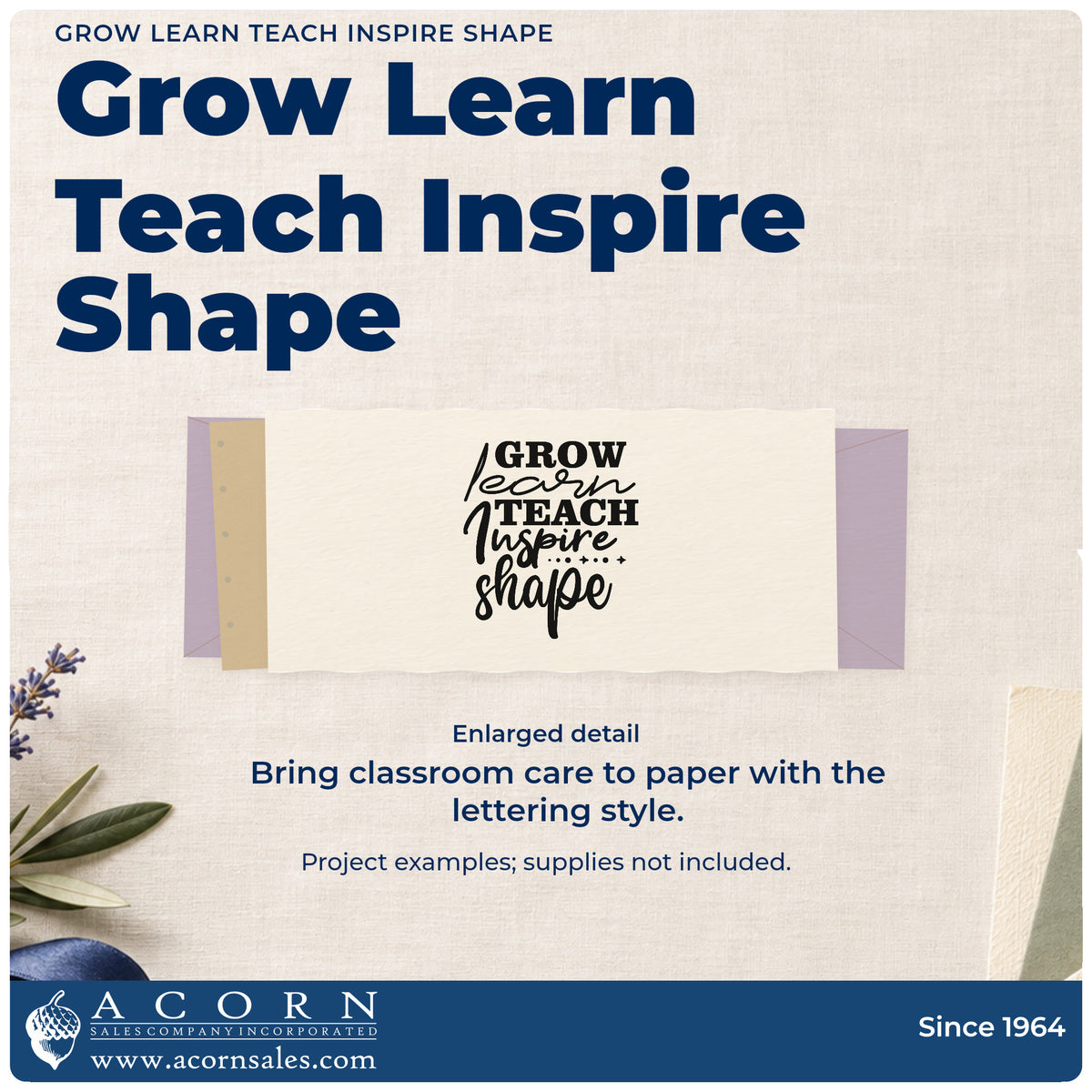 Enlarged detail of the Teach And Inspire Diamond Word Stack Rubber Stamp – Duo Hand imprint. Stacked words read “Grow Learn Teach Inspire Shape” with a row of small diamonds.