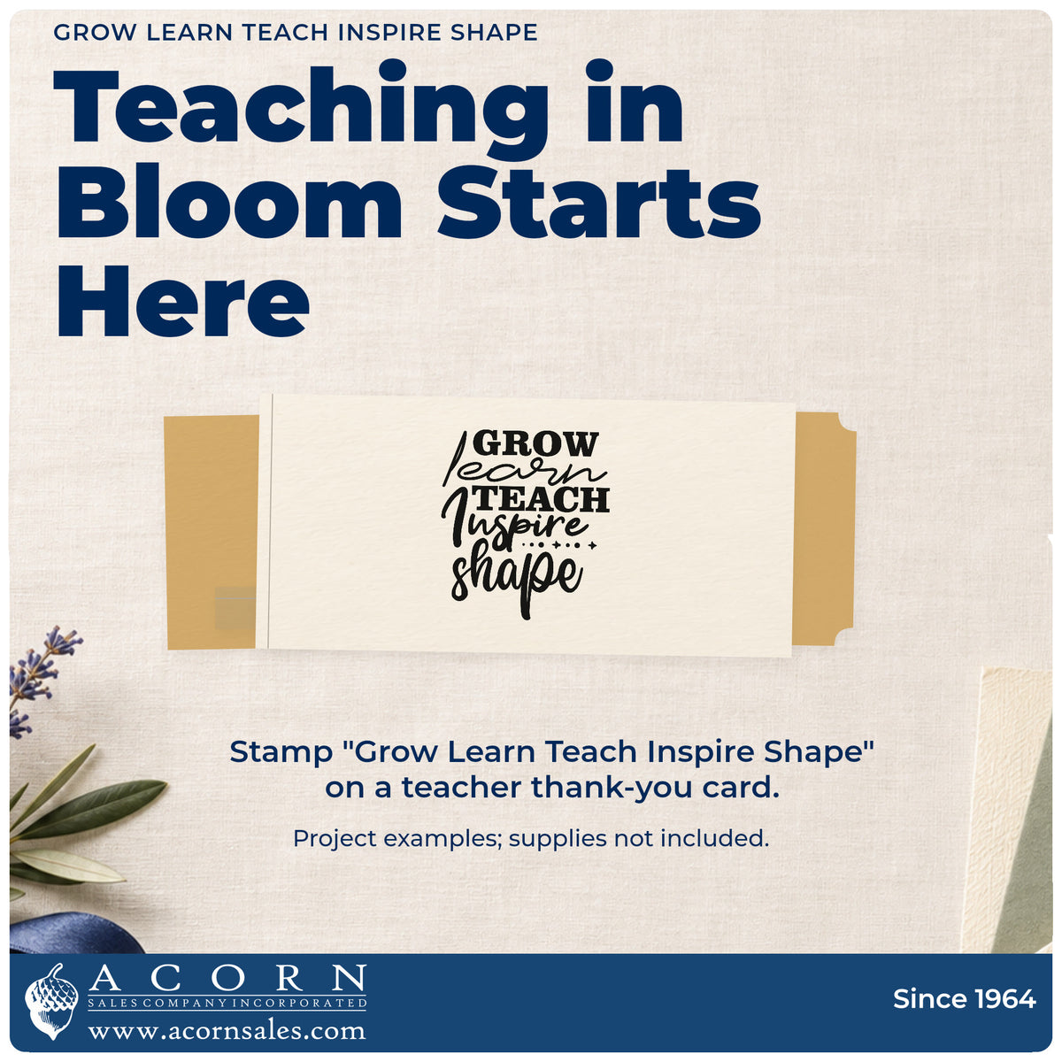 A finished handmade project stamped with the Teach And Inspire Diamond Word Stack Slim Pre-Inked Stamp, ideal for career stage tags.