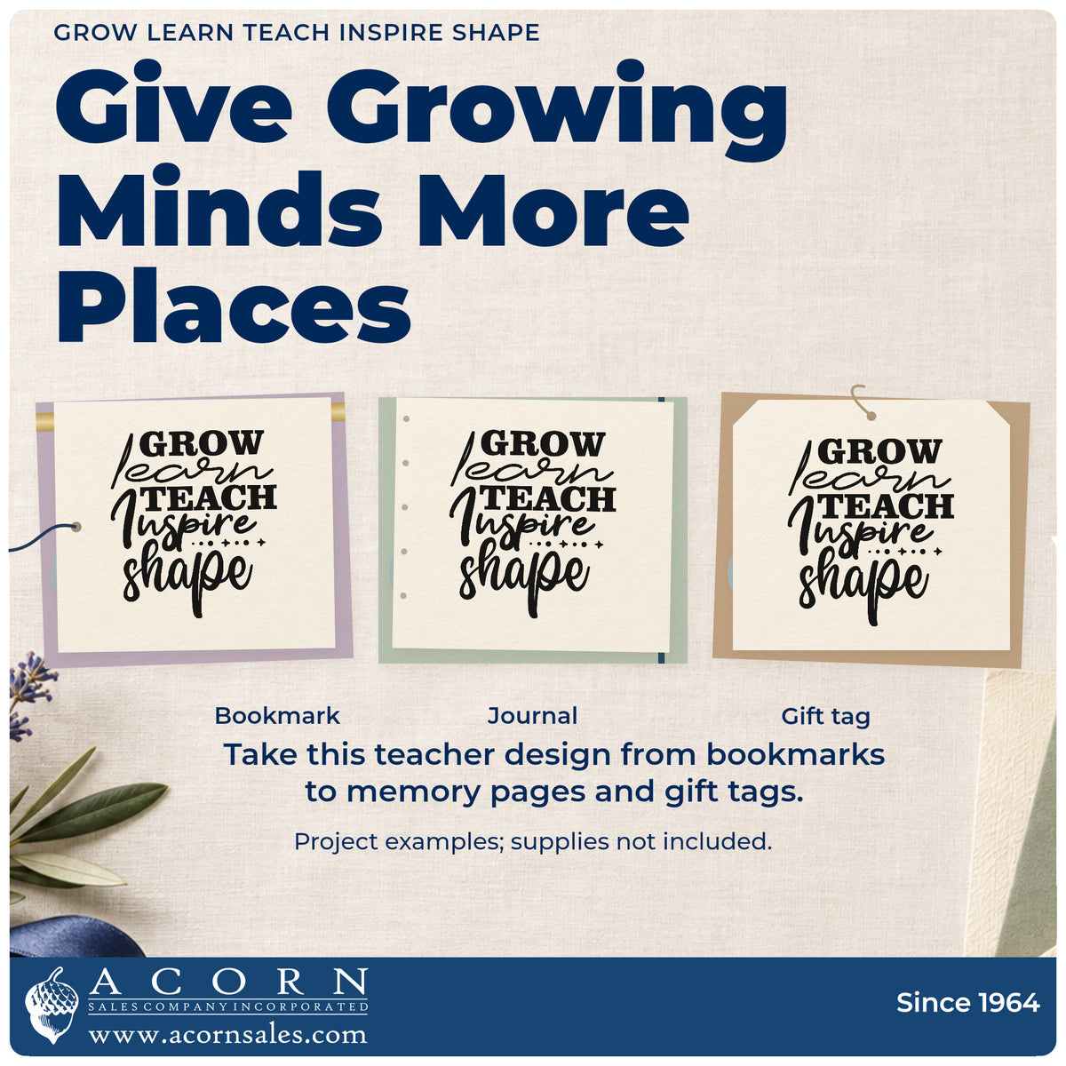 Three project examples made with the Teach And Inspire Diamond Word Stack Rubber Stamp – Duo Hand, including portfolio box labels.