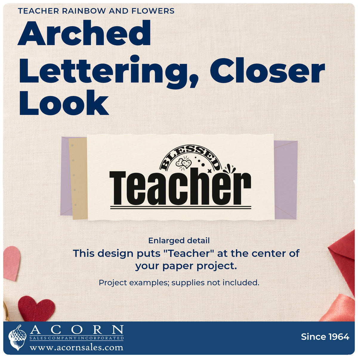 Enlarged detail of the Teacher Rainbow And Flowers Arch Pre-Inked Stamp – Slim imprint. Bold underlined “Teacher” sits beneath a decorative rainbow-like arch with floral details.