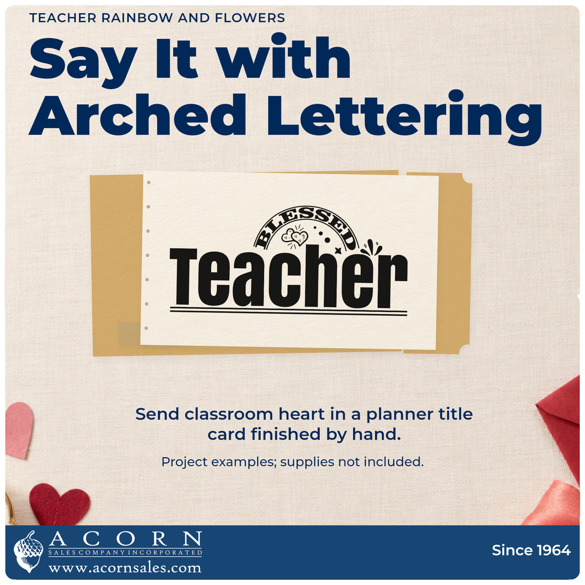 A finished handmade project stamped with the Teacher Rainbow And Flowers Arch Pre-Inked Stamp – Slim, ideal for welcome desk tags.