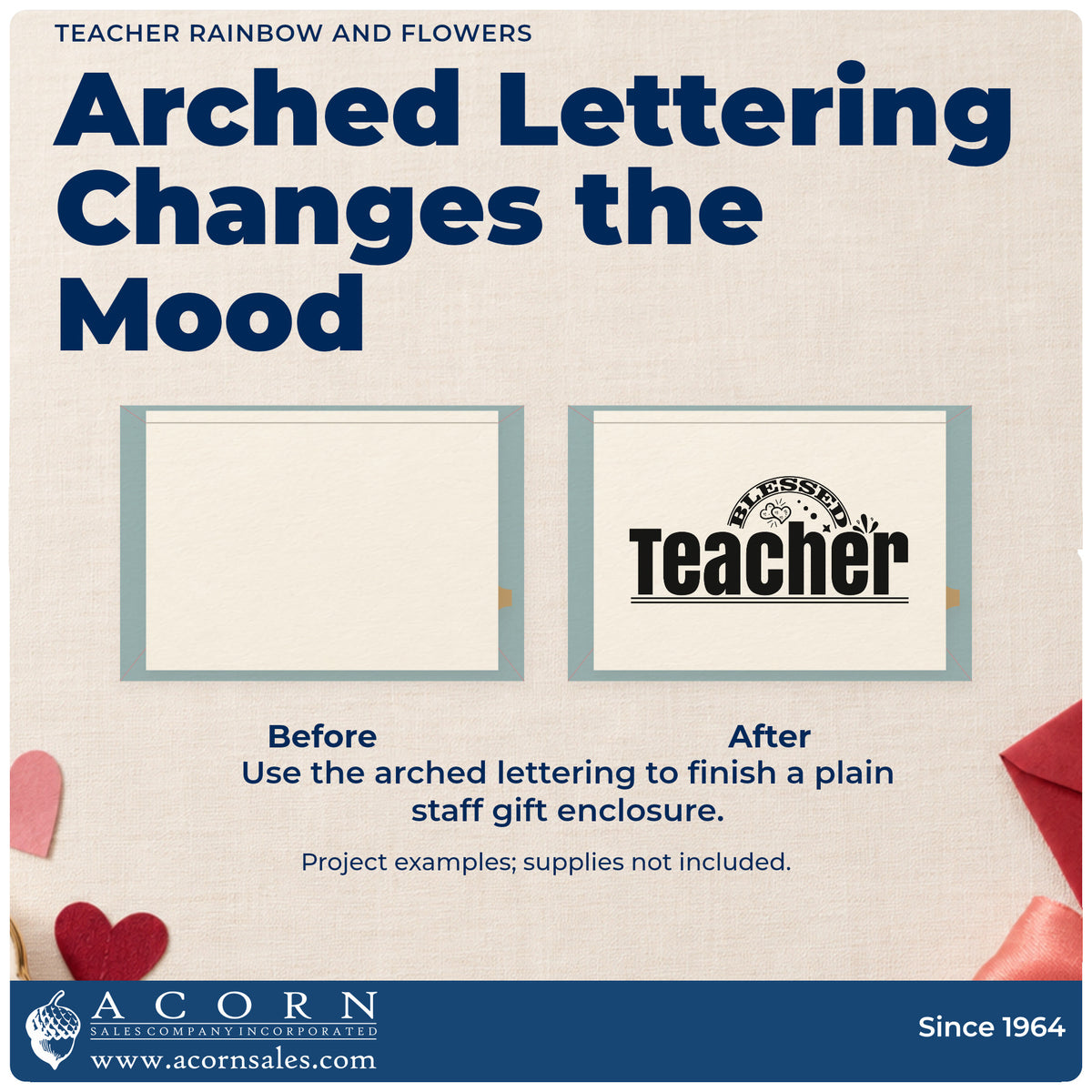 Before and after of a plain item finished with the Teacher Rainbow And Flowers Arch Rubber Stamp – Wood Handle, a quick upgrade for prospectus seals.