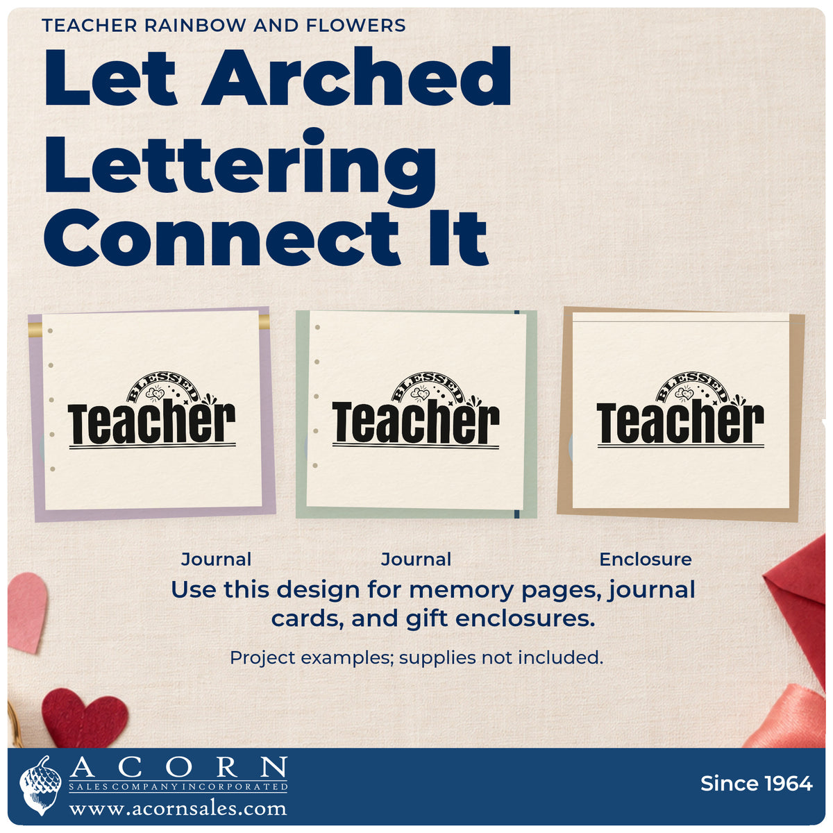 Three project examples made with the Teacher Rainbow And Flowers Arch Rubber Stamp – Wood Handle, including flower pot labels.