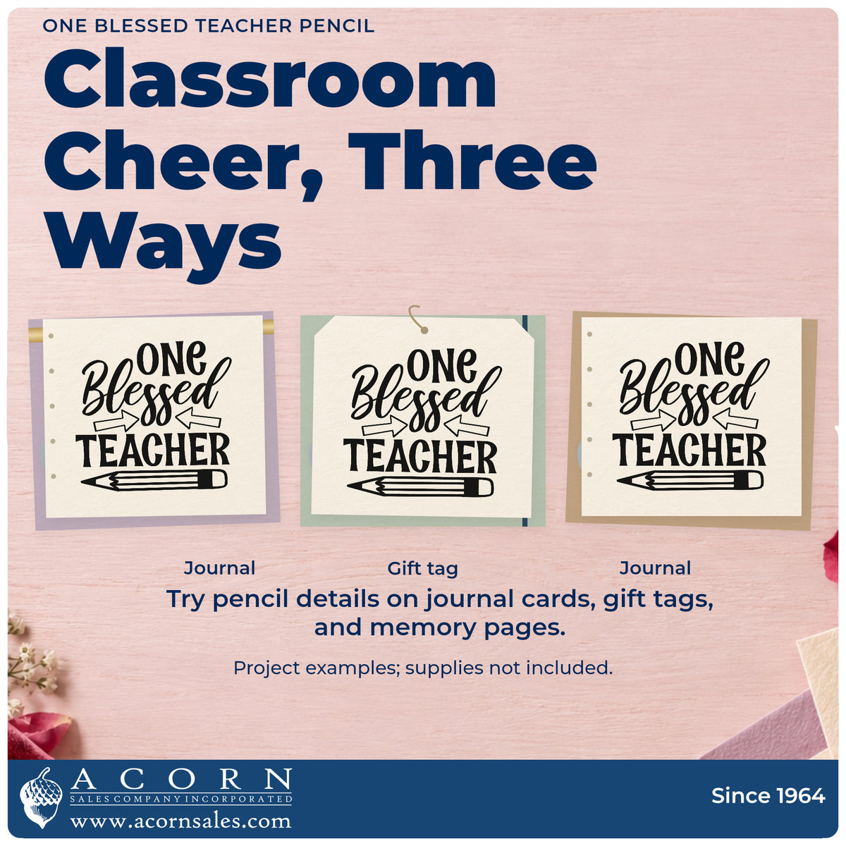 Three project examples made with the One Blessed Teacher Pencil Self-Inking Stamp, including water jug labels.