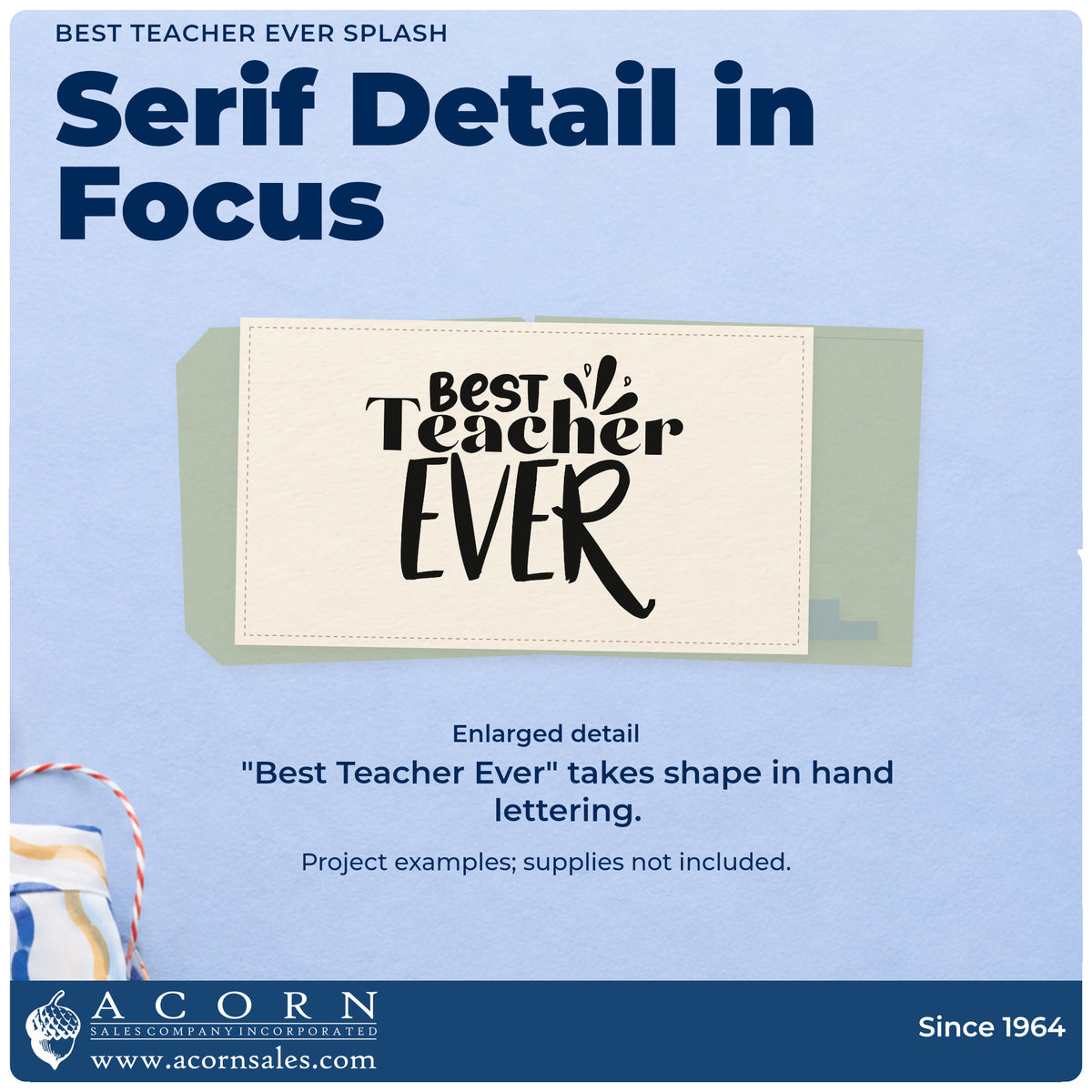 Enlarged detail of the Premium Wooden Best Teacher Ever Splash Serif Lettering Stamp – Vintage Pro imprint. “Best Teacher Ever” combines bold serif and tall hand-drawn lettering with splash accents.