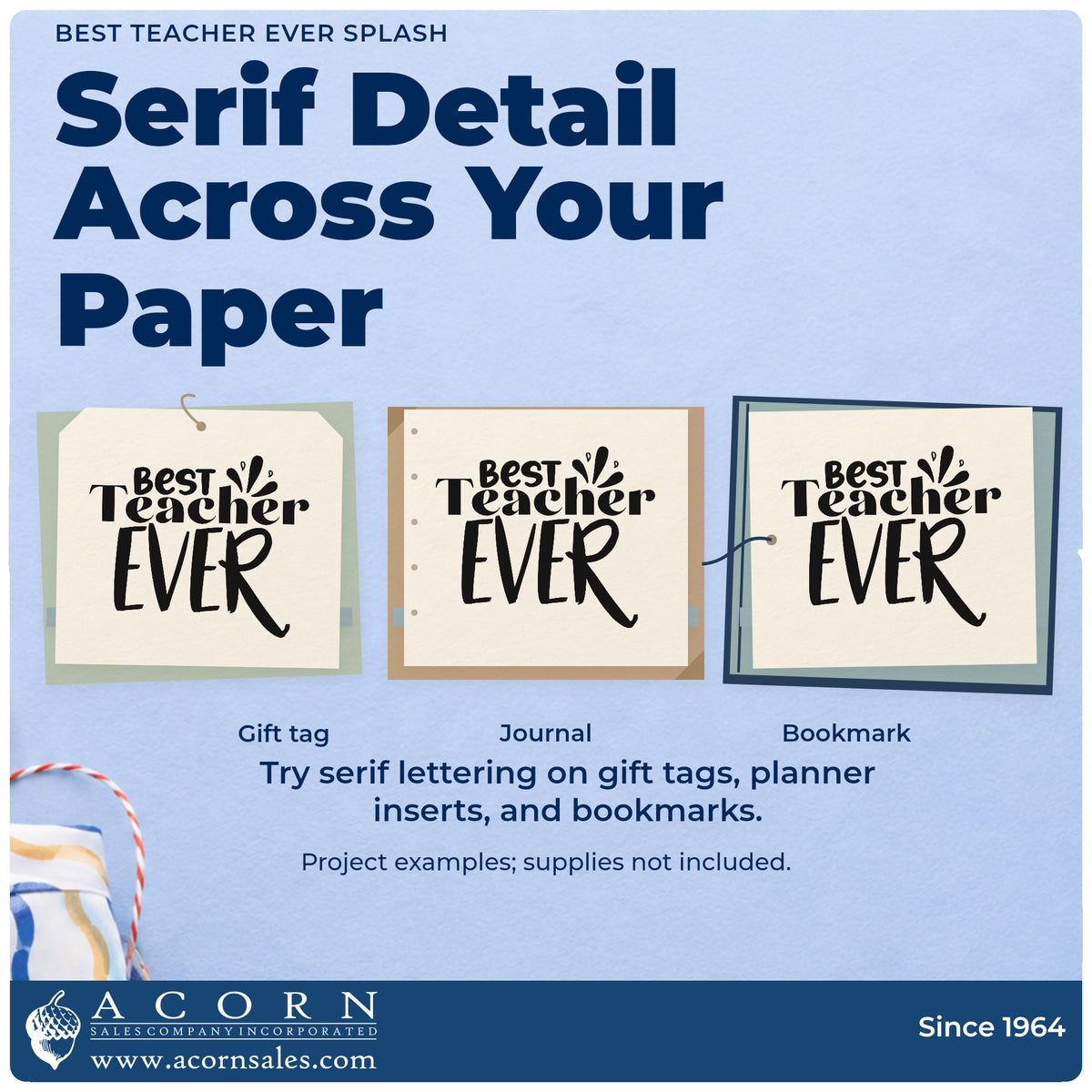 Three project examples made with the Premium Wooden Best Teacher Ever Splash Serif Lettering Stamp – Vintage Pro, including spray can labels.