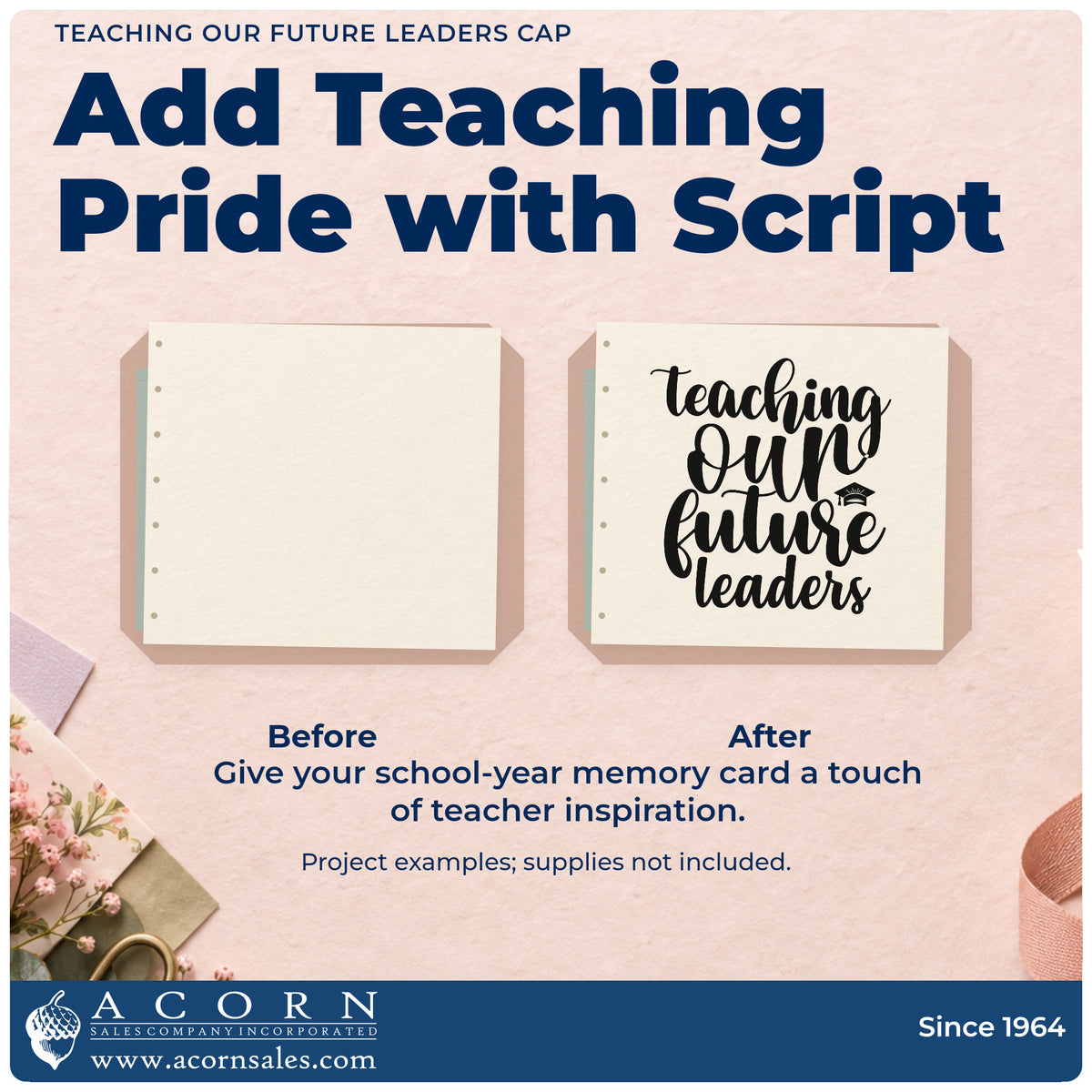 Before and after of a plain item finished with the Teaching Our Future Leaders Cap Script Lettering Pre-Inked Stamp – Slim, a quick upgrade for diploma tube seals.