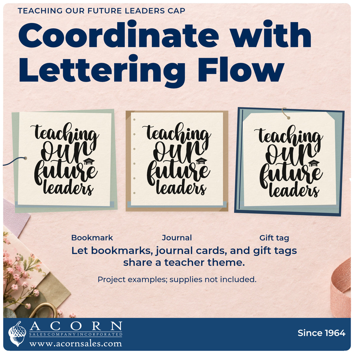 Three project examples made with the Teaching Our Future Leaders Cap Script Lettering Pre-Inked Stamp – Slim, including cap box labels.