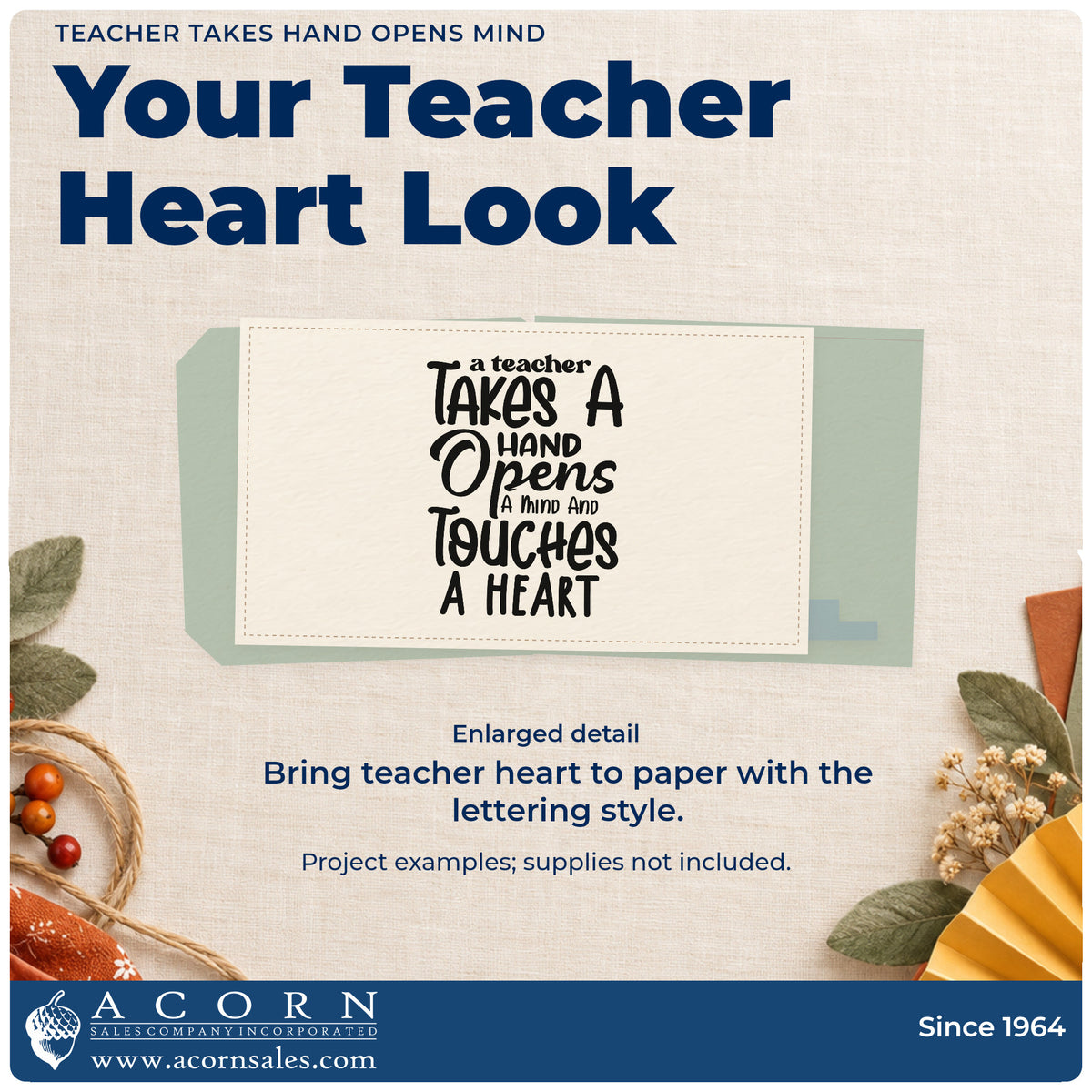Enlarged detail of the Teacher Takes Hand Opens Mind Stamp – Duo Hand imprint. “A Teacher Takes a Hand Opens a Mind and Touches a Heart” appears in stacked decorative lettering.