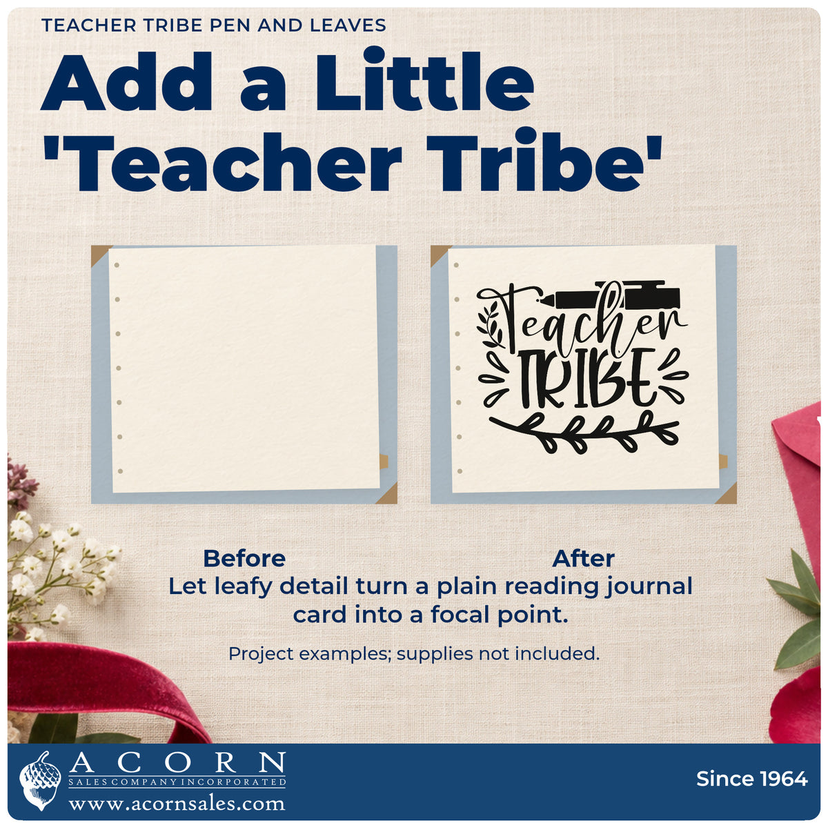 Before and after of a plain item finished with the Teacher Tribe Pen And Leaves Leafy Branches Hand Stamp – Duo, a quick upgrade for seed swap seals.