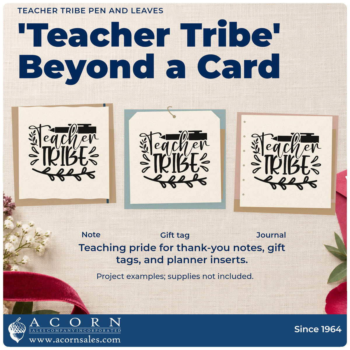 Three project examples made with the Teacher Tribe Pen And Leaves Leafy Branches Hand Stamp – Duo, including compost bin labels.