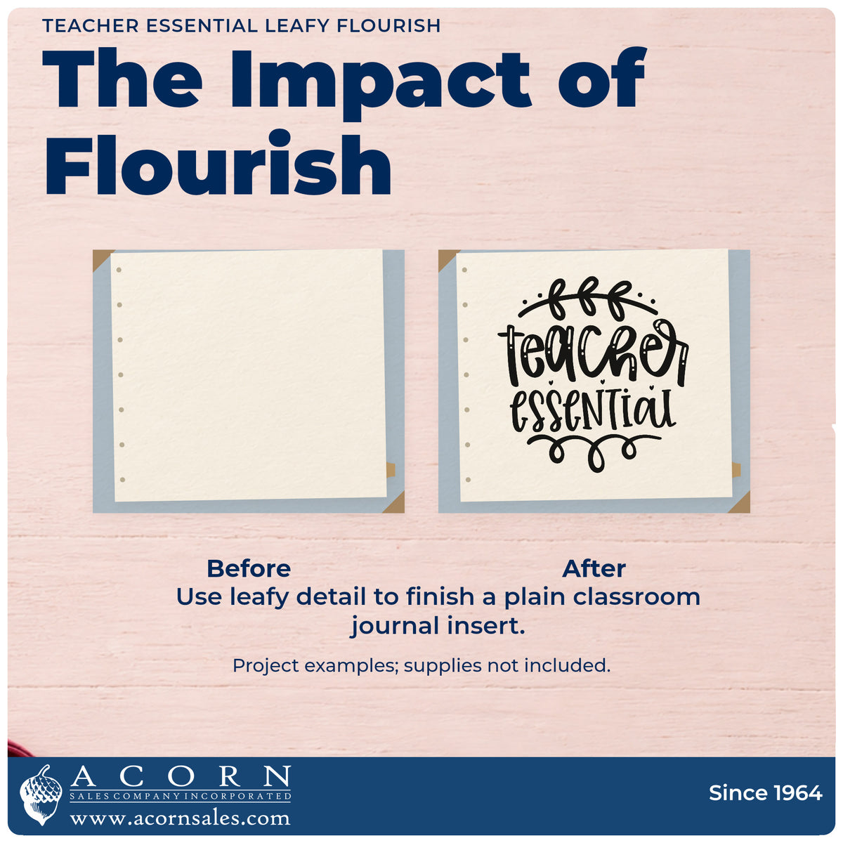 Before and after of a plain item finished with the Teacher Essential Leafy Flourish Wood Handle Stamp, a quick upgrade for bundle wrap seals.