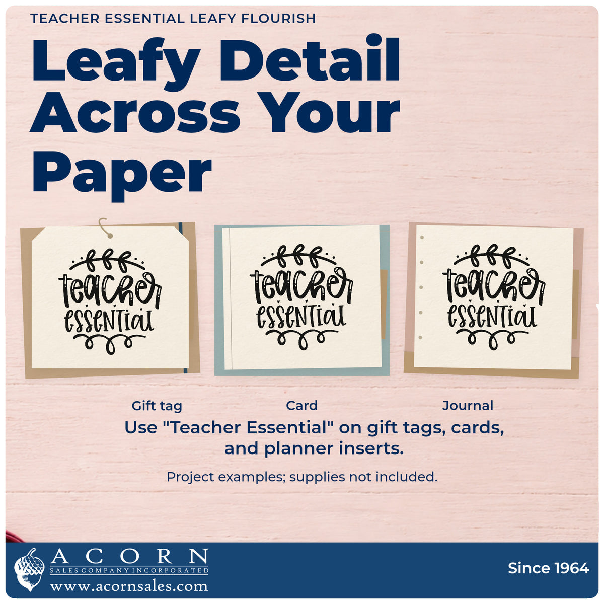 Three project examples made with the Teacher Essential Leafy Flourish Wood Handle Stamp, including pencil tin labels.