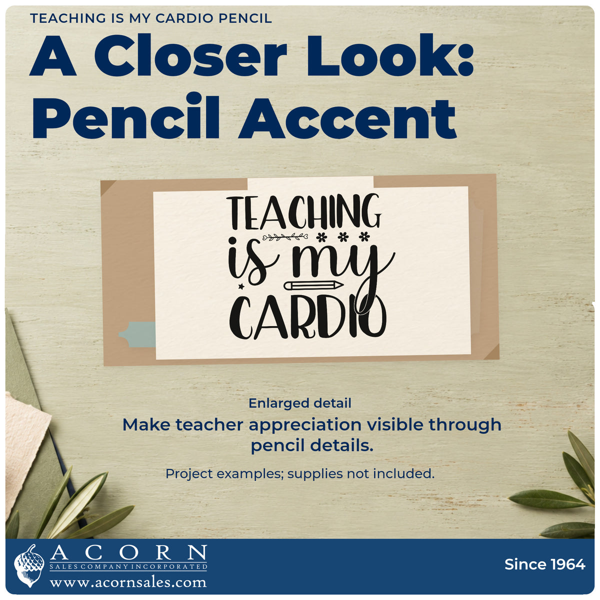 Enlarged detail of the Premium Wooden Teaching Is My Cardio Pencil Stamp – Vintage Pro imprint. “Teaching Is My Cardio” features small asterisks and a pencil between rows.