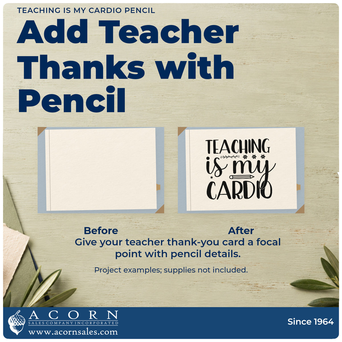 Before and after of a plain item finished with the Duo Hand Teaching Is My Cardio Pencil Rubber Stamp, a quick upgrade for track pack seals.