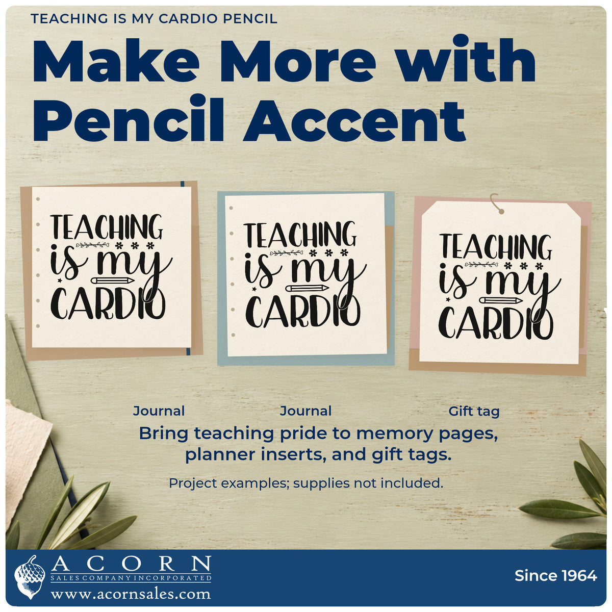 Three project examples made with the Pre-Inked Teaching Is My Cardio Pencil Stamp – PSI, including cone marker labels.