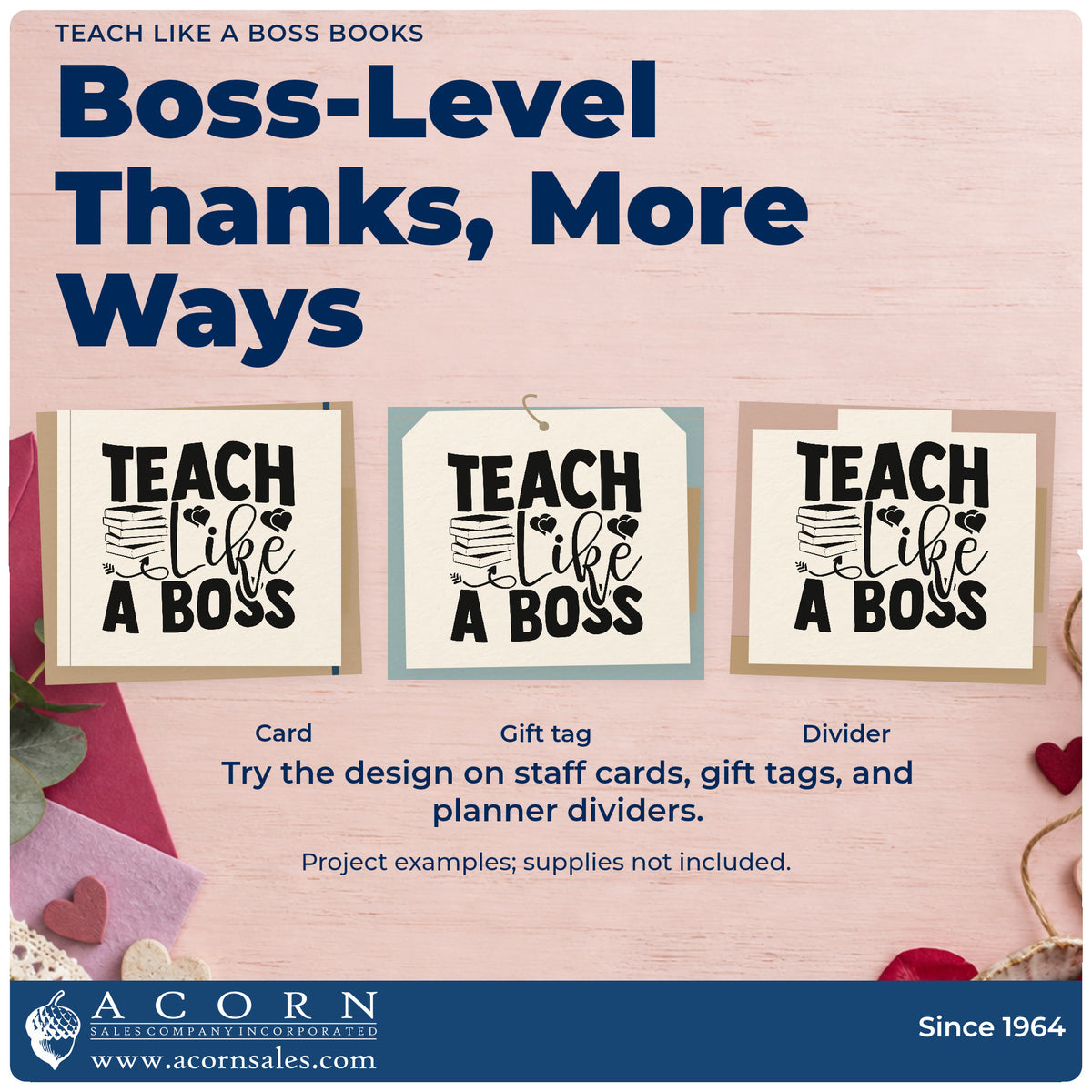 Three project examples made with the Teach Like A Boss Books Premium Wooden Stamp – Vintage Pro, including crate front labels.