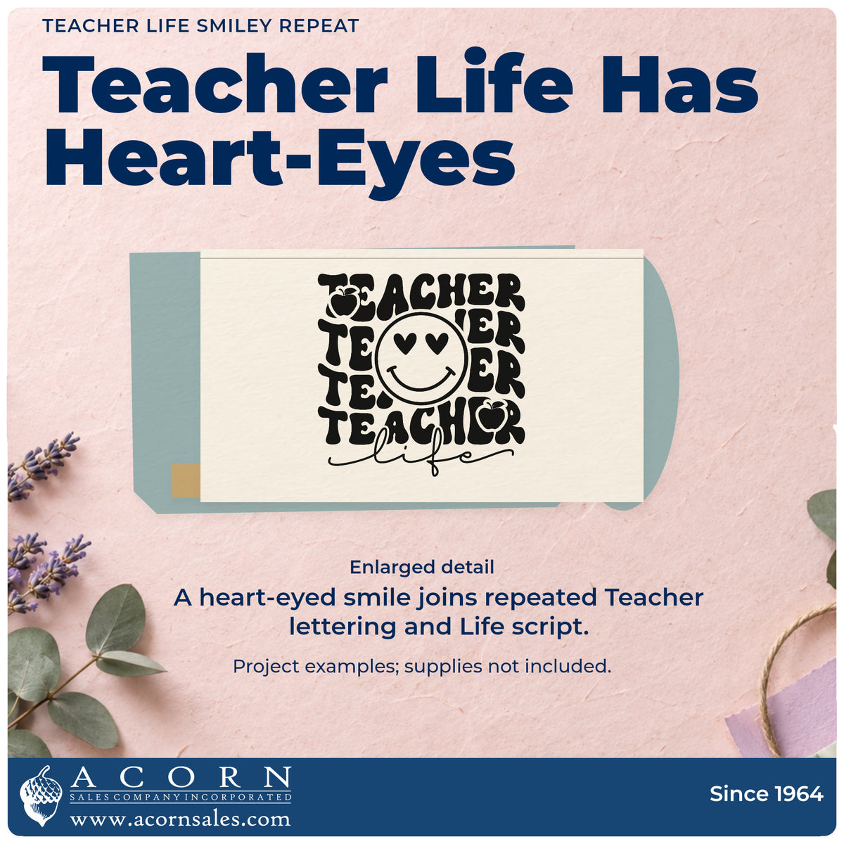 Enlarged detail of the Teacher Life Smiley Repeat With Hearts Stamp – Premium Vintage Pro Wooden imprint. Repeated “Teacher” lettering surrounds a heart-eyed smiley face above script “Life.”