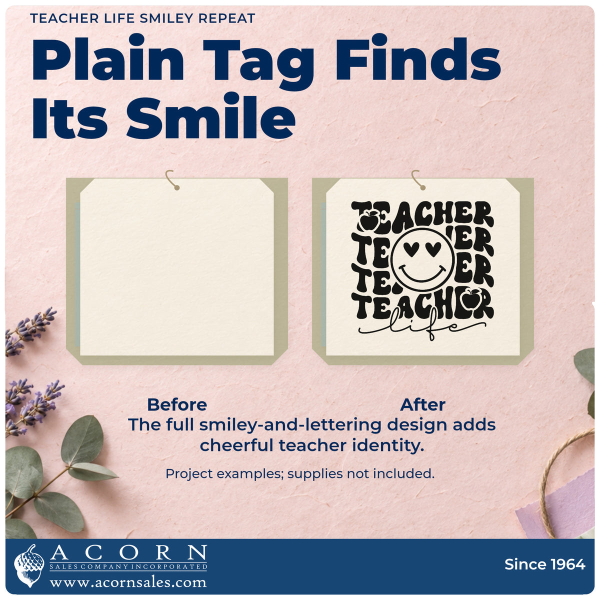 Before and after of a plain item finished with the Teacher Life Smiley Repeat With Hearts Stamp – Self-Inking, a quick upgrade for reward bag seals.