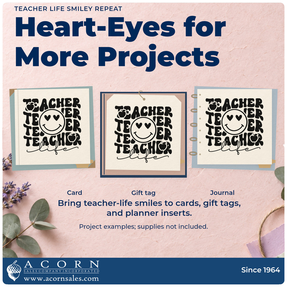 Three project examples made with the Teacher Life Smiley Repeat With Hearts Stamp – Premium Vintage Pro Wooden, including sticker pot labels.