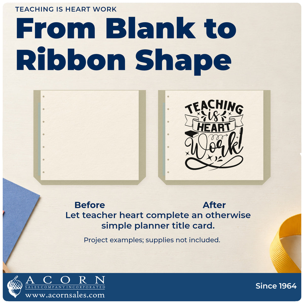 Before and after of a plain item finished with the Slim Pre-Inked Teaching Is Heart Work Stamp, a quick upgrade for minutes pack seals.