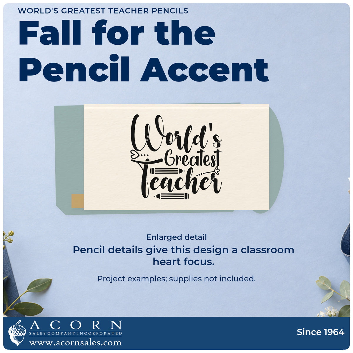 Enlarged detail of the World's Greatest Teacher Pencils Pre-Inked Stamp – Slim imprint. “World's Greatest Teacher” is decorated with pencils and small ornamental strokes.